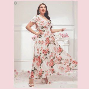 Plus Allover Floral V-back A-line Dress Maxi